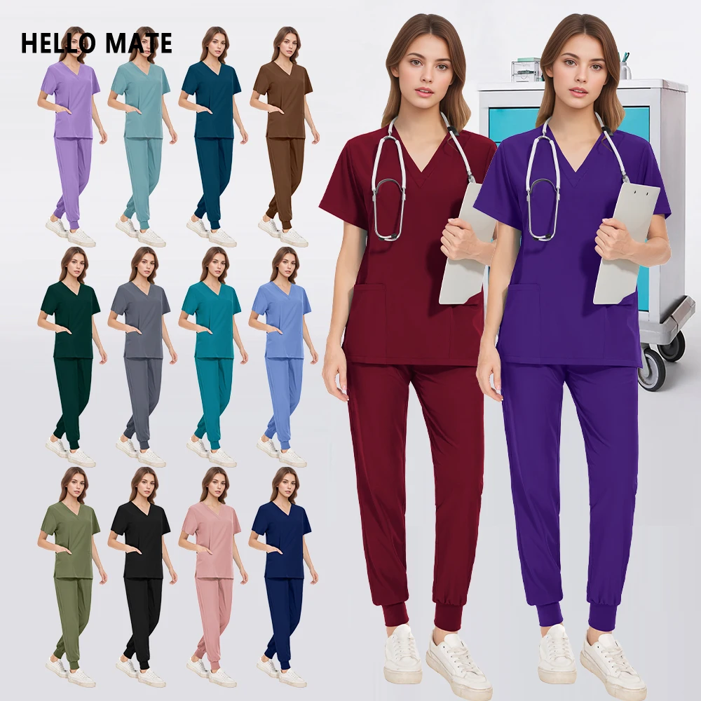 new scrubs set uniforms nurse multicolour surgical uniform pocket v neck top jogger pants for men women hospital medical clothes
